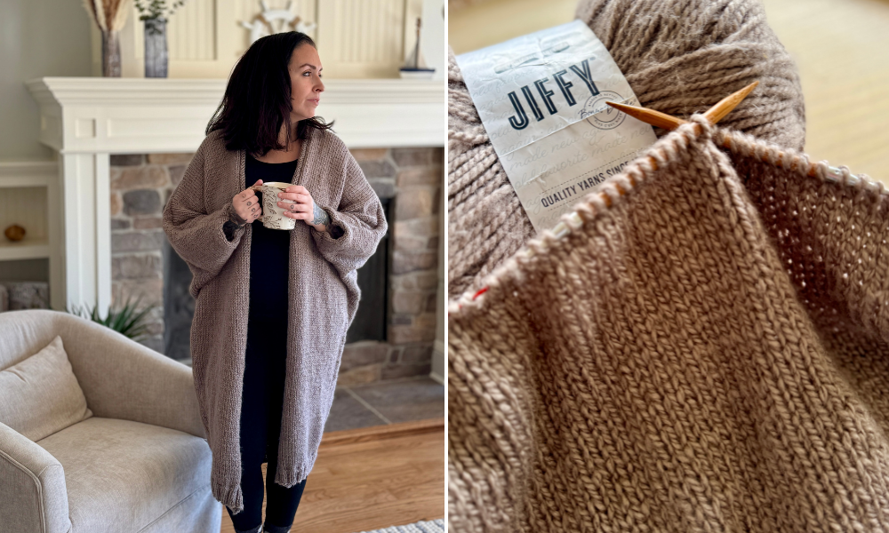 woman wearing an oversized knit cardigan holding a coffee mug