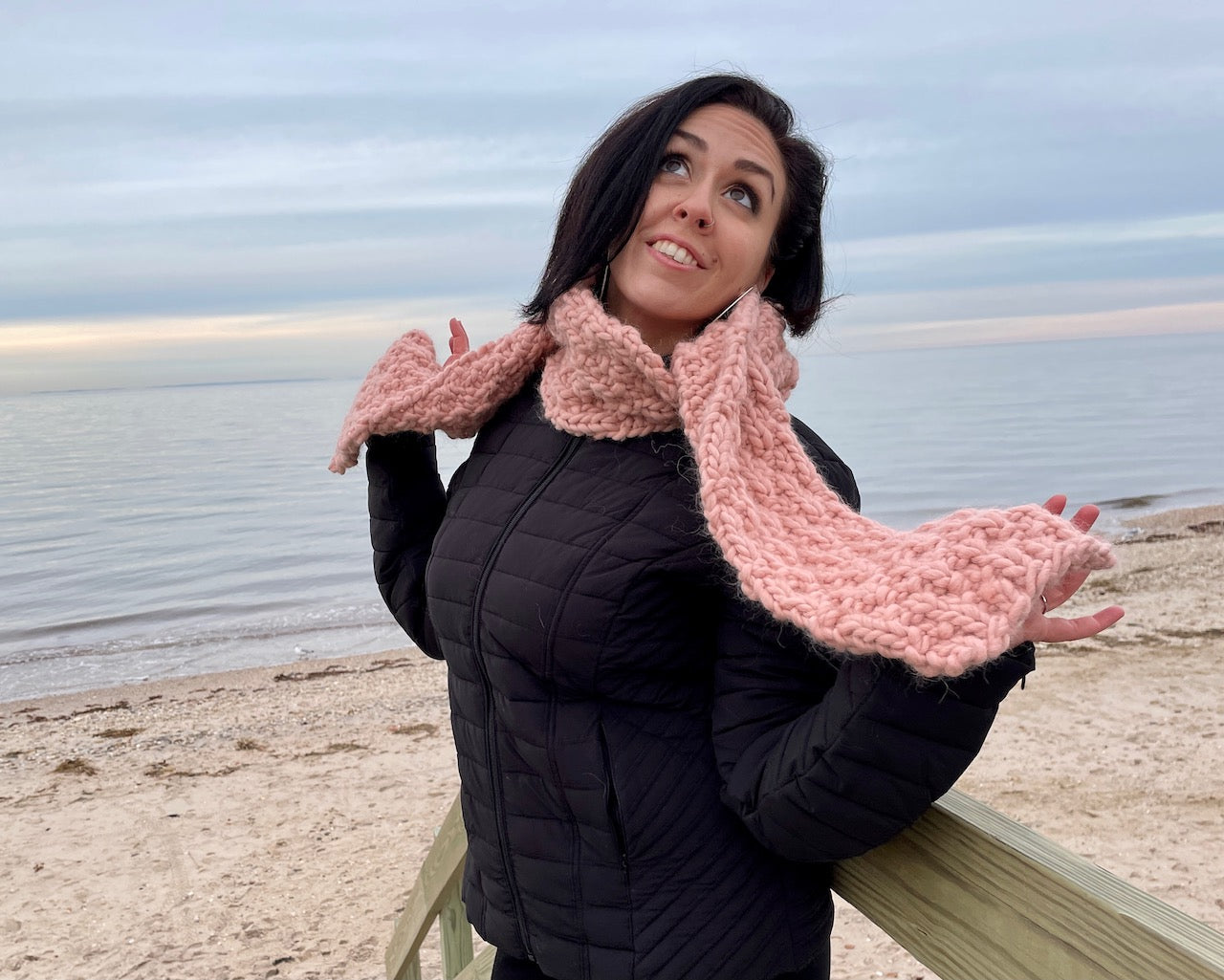 woman wearing Belle Terre Scarf – modern crochet design