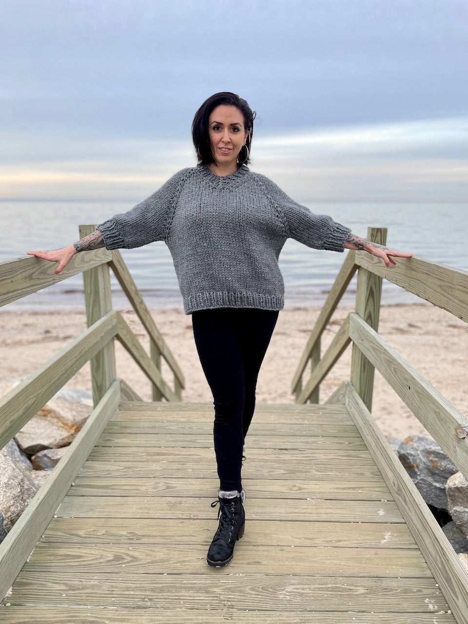 woman wearing Shoreham Sweater – handmade knit sweater pattern