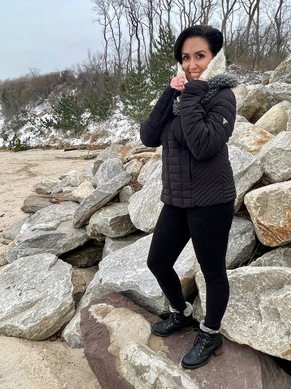 woman wearing Poquott Infinity Cowl – cozy knit cowl for winter